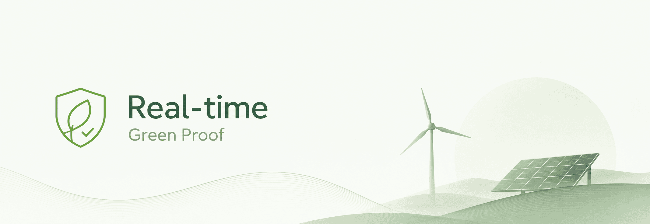 GreenProof - real-time renewable energy verification, illustrated with a wind turbine and solar array